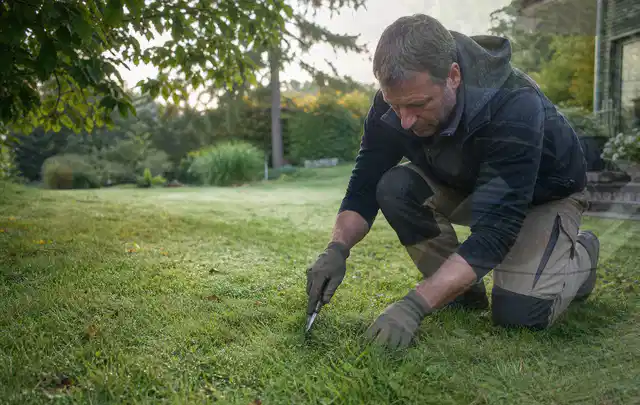 Person prüft den Boden einer gepflegten Rasenfläche im Garten; Thema Rasenunkraut, Schwerpunkt Einsteigerwissen; Praxisalltag.