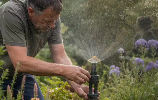 Person richtet einen laufenden Gartensprenger zwischen Stauden präzise aus; Thema Rasenunkraut, Schwerpunkt Fehlerhilfe; Kontrolle.