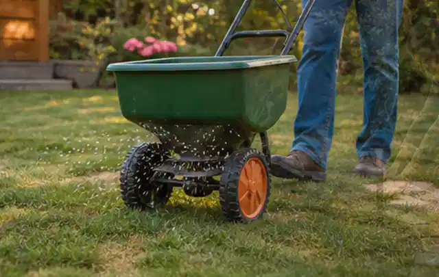 Person verteilt Rasensamen mit einem Streuwagen auf einer lückigen Fläche; Thema Rasenunkraut, Schwerpunkt Frühjahr; Kontrolle.
