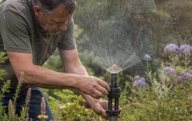 Person richtet einen laufenden Gartensprenger zwischen Stauden präzise aus; Thema Rasenunkraut, Schwerpunkt Herbstpflege; Ergebnis.