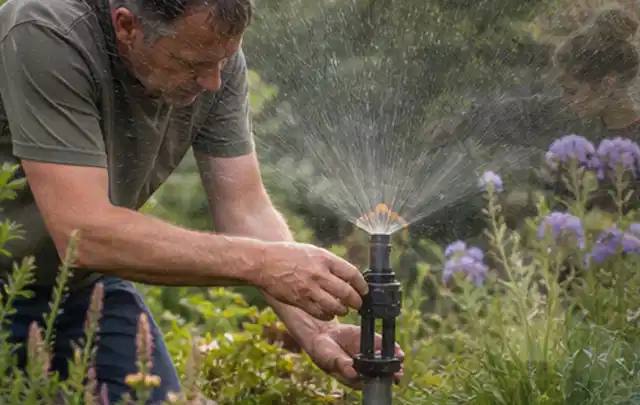 Person richtet einen laufenden Gartensprenger zwischen Stauden präzise aus; Thema Rasenunkraut, Schwerpunkt Rasen; Kontrolle.