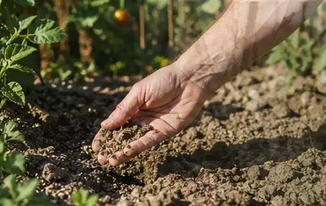 Hand prüft trockene krümelige Gartenerde während einer warmen Sommerphase; Thema Rasenunkraut, Schwerpunkt Rasen; Ergebnis.