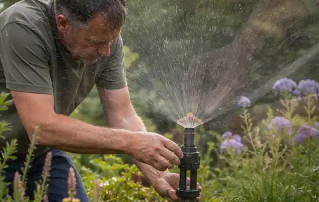 Person richtet einen laufenden Gartensprenger zwischen Stauden präzise aus; Thema Rasenunkraut, Schwerpunkt Rasenpflege; Ausgangslage.