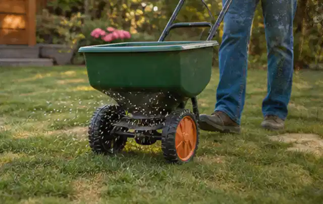 Person verteilt Rasensamen mit einem Streuwagen auf einer lückigen Fläche; Thema Rasenunkraut, Schwerpunkt Sommerpflege; Ausgangslage.