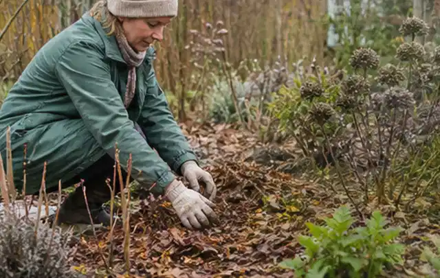 Person verteilt eine schützende Mulchschicht zwischen winterlichen Stauden; Thema Ratgeber, Schwerpunkt Themenwelt; Umsetzung.
