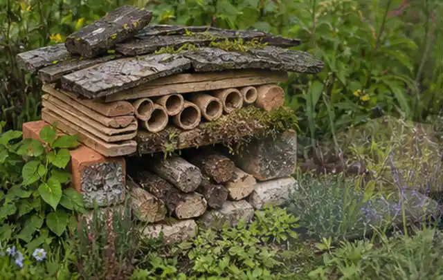 Naturnaher Unterschlupf aus Holz Rinde und Pflanzenstängeln im Garten; Thema Raupen, Schwerpunkt Bestimmung; Umsetzung.