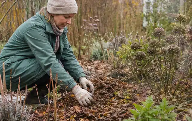 Person verteilt eine schützende Mulchschicht zwischen winterlichen Stauden; Thema Raupen, Schwerpunkt Biologie; Ausgangslage.