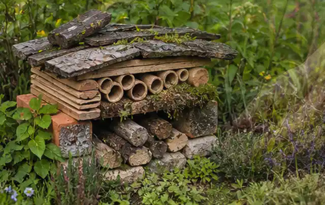 Naturnaher Unterschlupf aus Holz Rinde und Pflanzenstängeln im Garten; Thema Raupen, Schwerpunkt Biologie; Praxisalltag.