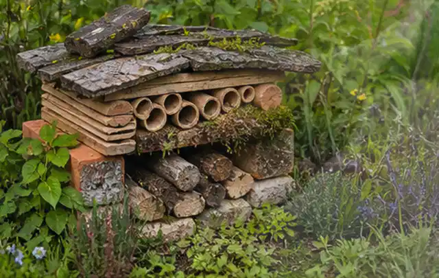 Naturnaher Unterschlupf aus Holz Rinde und Pflanzenstängeln im Garten; Thema Raupen, Schwerpunkt Fehlerhilfe; Umsetzung.