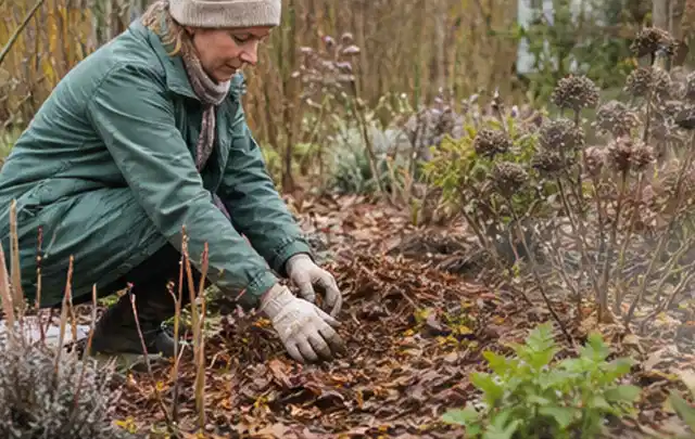 Person verteilt eine schützende Mulchschicht zwischen winterlichen Stauden; Thema Raupen, Schwerpunkt Fehlerhilfe; Kontrolle.