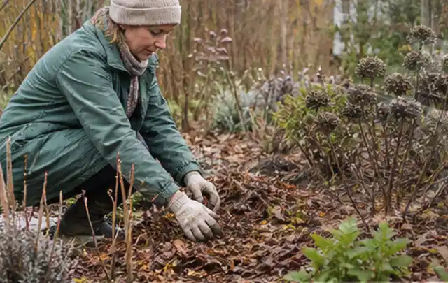 Person verteilt eine schützende Mulchschicht zwischen winterlichen Stauden; Thema Raupen, Schwerpunkt Gewächshaus; Ausgangslage.