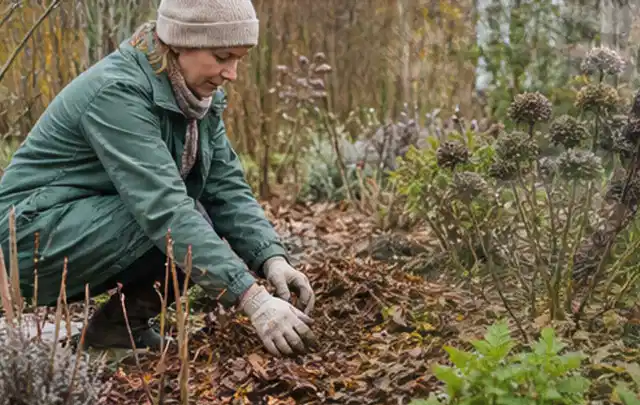 Person verteilt eine schützende Mulchschicht zwischen winterlichen Stauden; Thema Raupen, Schwerpunkt Giftfreie Hilfe; Ausgangslage.