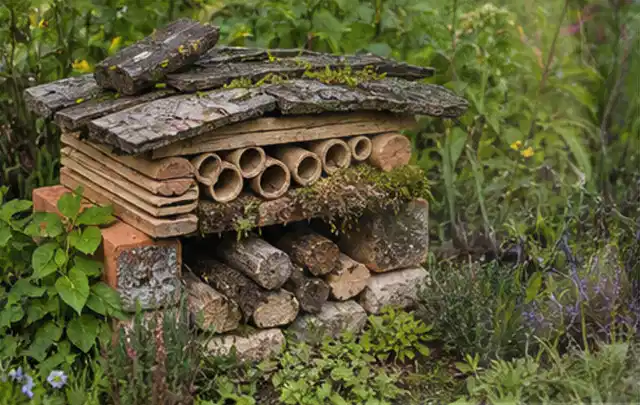 Naturnaher Unterschlupf aus Holz Rinde und Pflanzenstängeln im Garten; Thema Raupen, Schwerpunkt Giftfreie Hilfe; Umsetzung.