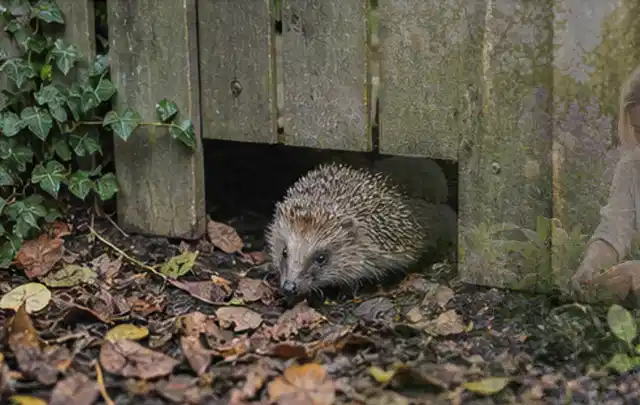 Igel nutzt einen bodennahen Durchgang unter einem hölzernen Gartenzaun; Thema Raupen, Schwerpunkt Giftfreie Hilfe; Ergebnis.
