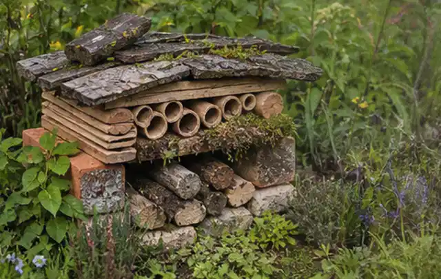 Naturnaher Unterschlupf aus Holz Rinde und Pflanzenstängeln im Garten; Thema Raupen, Schwerpunkt Hausmittel; Kontrolle.