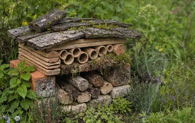 Naturnaher Unterschlupf aus Holz Rinde und Pflanzenstängeln im Garten; Thema Raupen, Schwerpunkt Natürliche Bekämpfung; Praxisalltag.