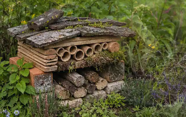 Naturnaher Unterschlupf aus Holz Rinde und Pflanzenstängeln im Garten; Thema Raupen, Schwerpunkt Nützlinge; Ausgangslage.