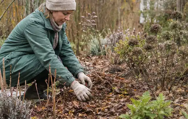 Person verteilt eine schützende Mulchschicht zwischen winterlichen Stauden; Thema Raupen, Schwerpunkt Nützlinge; Praxisalltag.
