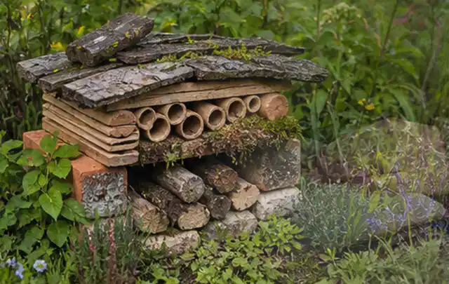 Naturnaher Unterschlupf aus Holz Rinde und Pflanzenstängeln im Garten; Thema Raupen, Schwerpunkt Pflanzenhilfe; Kontrolle.