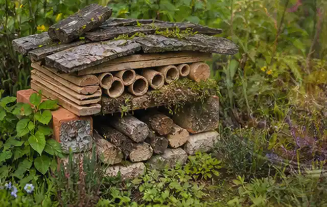 Naturnaher Unterschlupf aus Holz Rinde und Pflanzenstängeln im Garten; Thema Raupen, Schwerpunkt Saison; Umsetzung.