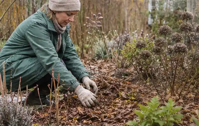 Person verteilt eine schützende Mulchschicht zwischen winterlichen Stauden; Thema Raupen, Schwerpunkt Schadbild; Ausgangslage.