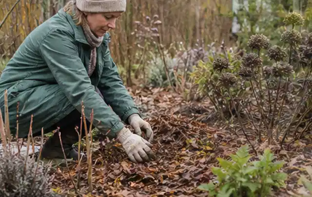 Person verteilt eine schützende Mulchschicht zwischen winterlichen Stauden; Thema Raupen, Schwerpunkt Schädlinge Krankheiten; Umsetzung.
