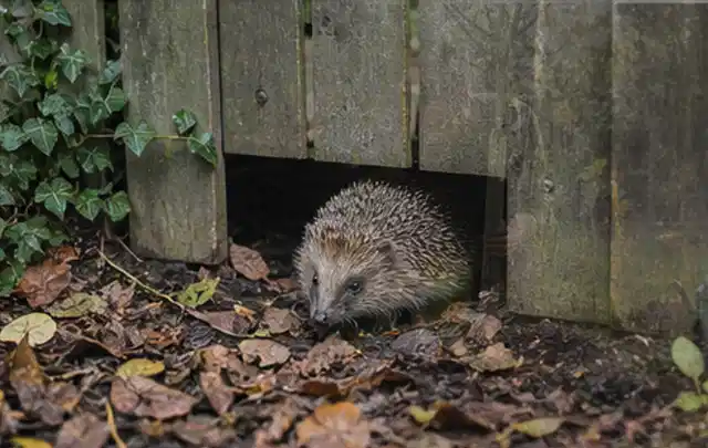 Igel nutzt einen bodennahen Durchgang unter einem hölzernen Gartenzaun; Thema Raupen, Schwerpunkt Soforthilfe; Umsetzung.