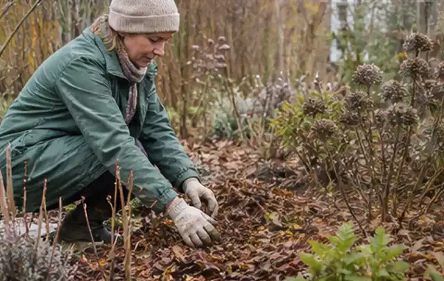 Person verteilt eine schützende Mulchschicht zwischen winterlichen Stauden; Thema Raupen, Schwerpunkt Vorbeugung; Ausgangslage.