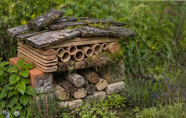 Naturnaher Unterschlupf aus Holz Rinde und Pflanzenstängeln im Garten; Thema Raupen, Schwerpunkt Vorbeugung; Praxisalltag.