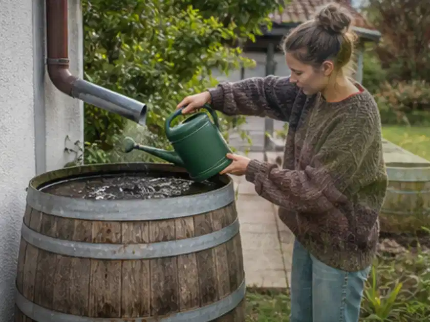 Person kontrolliert ein gefülltes Regenfass unter einem Fallrohr am Haus; Thema Regentonnen, Schwerpunkt Anwendung; Titelbild.