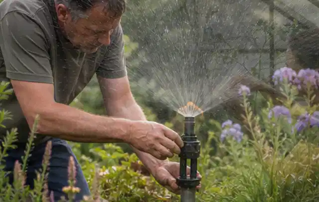 Person richtet einen laufenden Gartensprenger zwischen Stauden präzise aus; Thema Regentonnen, Schwerpunkt Anwendung; Praxisalltag.