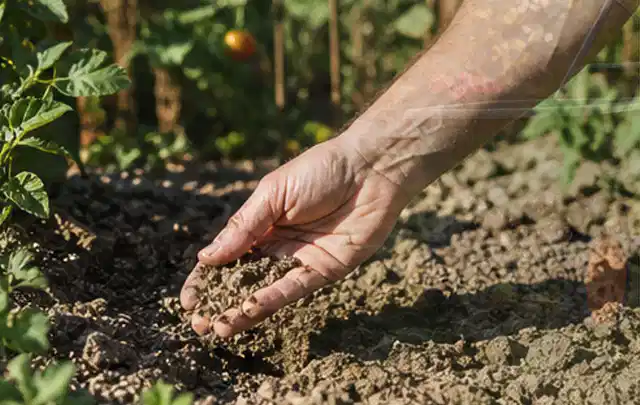 Hand prüft trockene krümelige Gartenerde während einer warmen Sommerphase; Thema Regentonnen, Schwerpunkt Bestenliste; Ausgangslage.