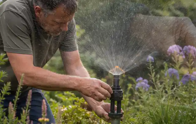 Person richtet einen laufenden Gartensprenger zwischen Stauden präzise aus; Thema Regentonnen, Schwerpunkt Bestenliste; Umsetzung.