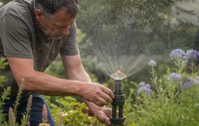 Person richtet einen laufenden Gartensprenger zwischen Stauden präzise aus; Thema Regentonnen, Schwerpunkt Bewässerung; Ergebnis.