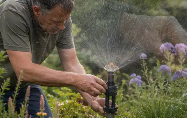 Person richtet einen laufenden Gartensprenger zwischen Stauden präzise aus; Thema Regentonnen, Schwerpunkt Fehlerhilfe; Kontrolle.