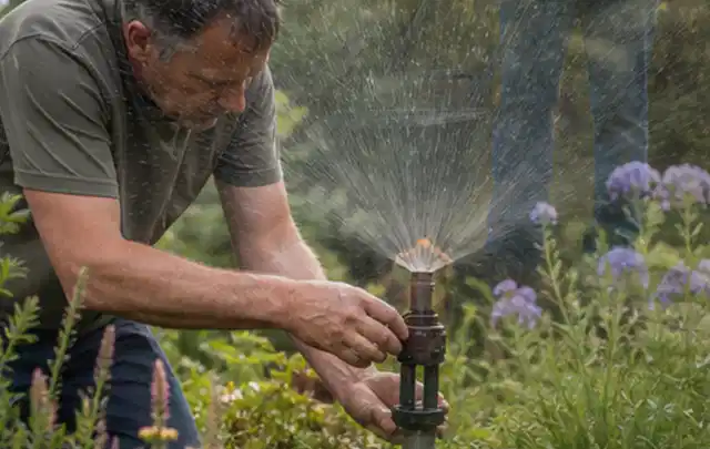 Person richtet einen laufenden Gartensprenger zwischen Stauden präzise aus; Thema Regentonnen, Schwerpunkt Gärten mit kleiner Fläche; Ausgangslage.