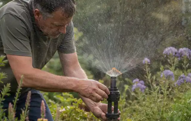Person richtet einen laufenden Gartensprenger zwischen Stauden präzise aus; Thema Regentonnen, Schwerpunkt Kaufberatung; Umsetzung.