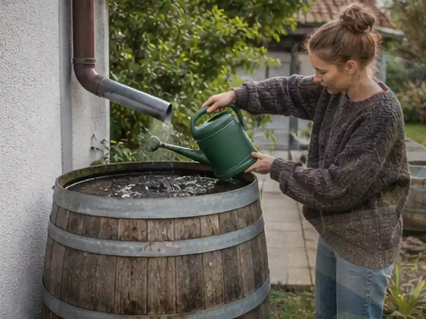 Person kontrolliert ein gefülltes Regenfass unter einem Fallrohr am Haus; Thema Regentonnen, Schwerpunkt Kosten; Titelbild.