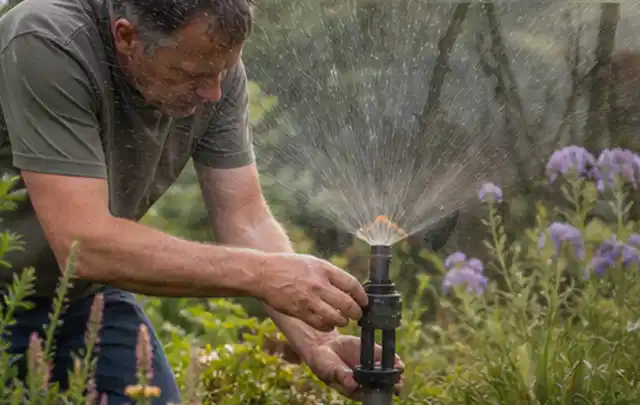 Person richtet einen laufenden Gartensprenger zwischen Stauden präzise aus; Thema Regentonnen, Schwerpunkt Leistung; Ausgangslage.
