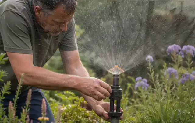 Person richtet einen laufenden Gartensprenger zwischen Stauden präzise aus; Thema Regentonnen, Schwerpunkt Reinigung; Ausgangslage.