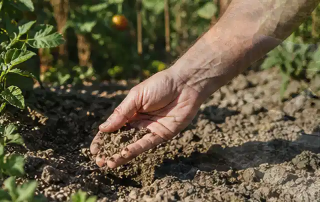 Hand prüft trockene krümelige Gartenerde während einer warmen Sommerphase; Thema Regentonnen, Schwerpunkt Sicherheit; Ausgangslage.