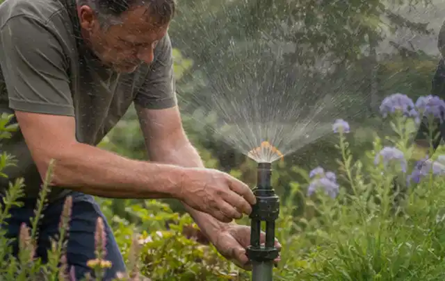 Person richtet einen laufenden Gartensprenger zwischen Stauden präzise aus; Thema Regentonnen, Schwerpunkt Systemvergleich; Umsetzung.