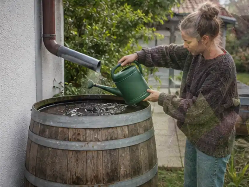 Person kontrolliert ein gefülltes Regenfass unter einem Fallrohr am Haus; Thema Regentonnen, Schwerpunkt Testkriterien; Titelbild.