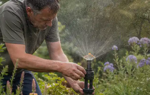 Person richtet einen laufenden Gartensprenger zwischen Stauden präzise aus; Thema Regentonnen, Schwerpunkt Testkriterien; Kontrolle.
