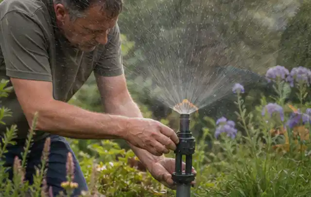 Person richtet einen laufenden Gartensprenger zwischen Stauden präzise aus; Thema Regentonnen, Schwerpunkt Vergleich; Umsetzung.