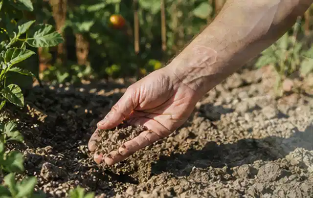 Hand prüft trockene krümelige Gartenerde während einer warmen Sommerphase; Thema Regentonnen, Schwerpunkt Wartung; Ergebnis.