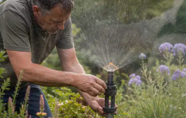 Person richtet einen laufenden Gartensprenger zwischen Stauden präzise aus; Thema Regentonnen, Schwerpunkt Winterlager; Ausgangslage.