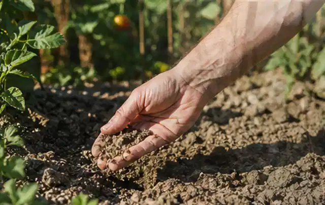 Hand prüft trockene krümelige Gartenerde während einer warmen Sommerphase; Thema Rollrasen, Schwerpunkt Bodenpflege; Ausgangslage.