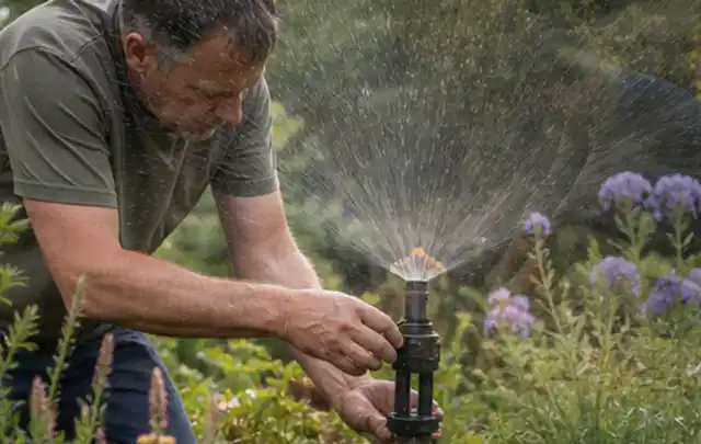 Person richtet einen laufenden Gartensprenger zwischen Stauden präzise aus; Thema Rollrasen, Schwerpunkt Bodenpflege; Umsetzung.