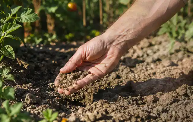 Hand prüft trockene krümelige Gartenerde während einer warmen Sommerphase; Thema Rollrasen, Schwerpunkt Checkliste; Ausgangslage.